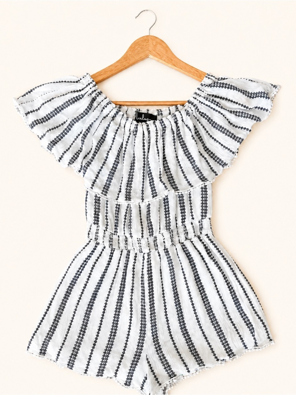 Lulus Women’s Off-The-Shoulder Navy/White Striped Romper, Size Small - Picture 2 of 6